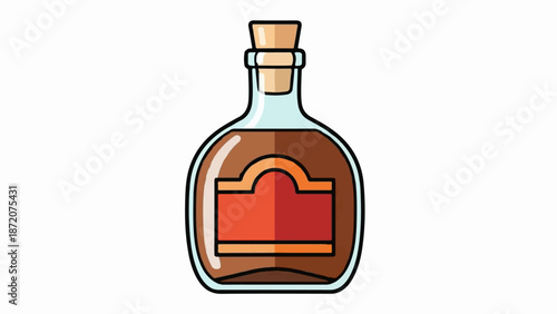 A corked glass bottle filled with amber liquid and a decorative label