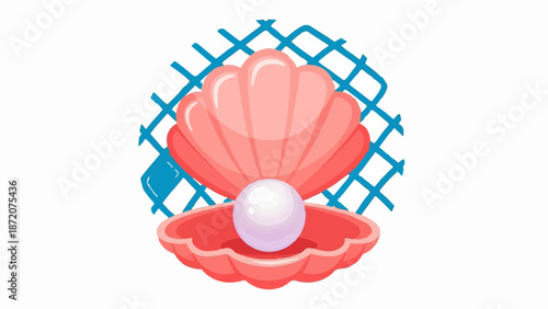 A coral seashell cradles a lustrous pearl, with a blue net in the background