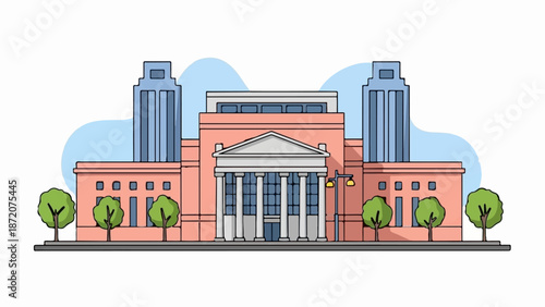 A coral building with columns and two tall blue towers, flanked by trees