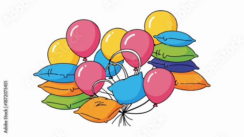 A colorful cluster of balloons floats above a pile of stacked, soft pillows