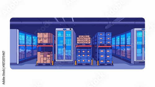 A cool storage facility stocked with boxes and goods, featuring refrigerated units and shelves