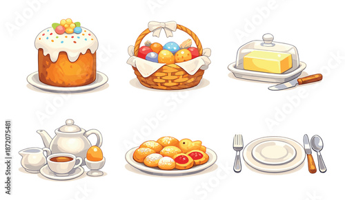 Assorted easter foods and tableware: cake, basket, butter, tea set, pastries, place setting