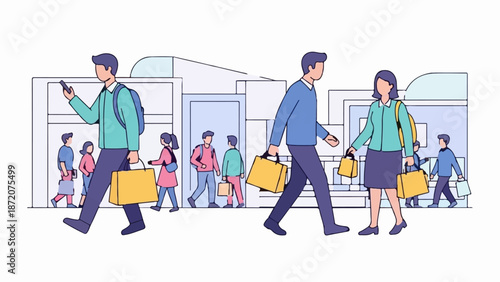 A diverse group of people are walking with shopping bags in a modern, abstract urban setting
