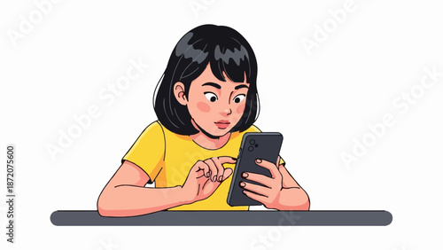 A girl in a yellow shirt looks at her phone with surprise