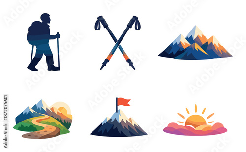 Hiking and mountain adventure icons: silhouette hiker, trekking poles, scenic peaks at sunrise