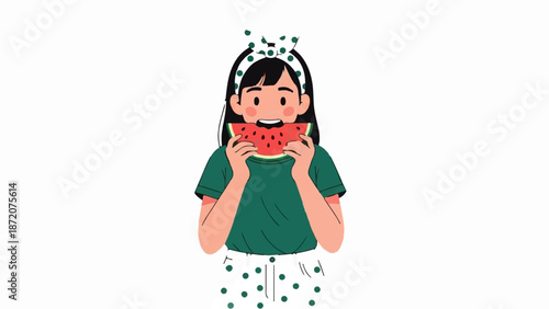 A girl with a polka dot headband and skirt eats a slice of watermelon