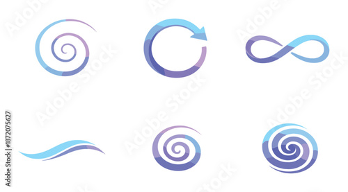 Abstract neon spirals and infinity symbols on gradient background