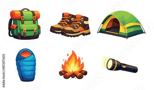 Outdoor adventure gear icons: backpack, boots, tent, sleeping bag, campfire, flashlight
