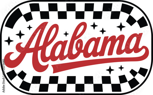 Alabama script with checkered pattern and stars