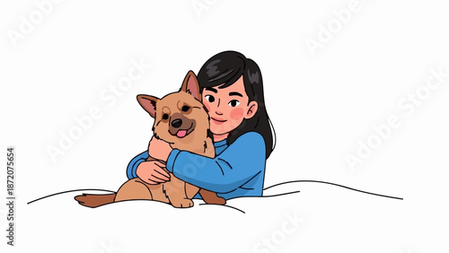 A girl with black hair and a blue shirt lovingly embraces a happy brown dog
