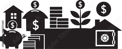 Financial icons and symbols for saving money and investment