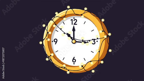 A golden clock face with a string of warm, glowing lights wrapped around it