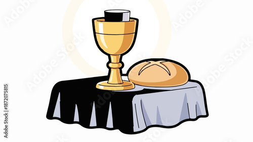 A golden chalice and a loaf of bread rest on a draped table