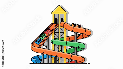 A colorful water slide tower with multiple winding tubes and carts for rides