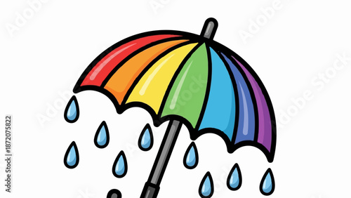 A colorful umbrella shields from falling raindrops, depicted with a bright, cheerful style