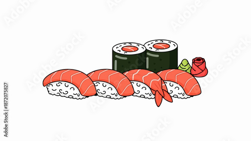 A colorful, cartoonish assortment of sushi rolls and nigiri, presented against a clean white background