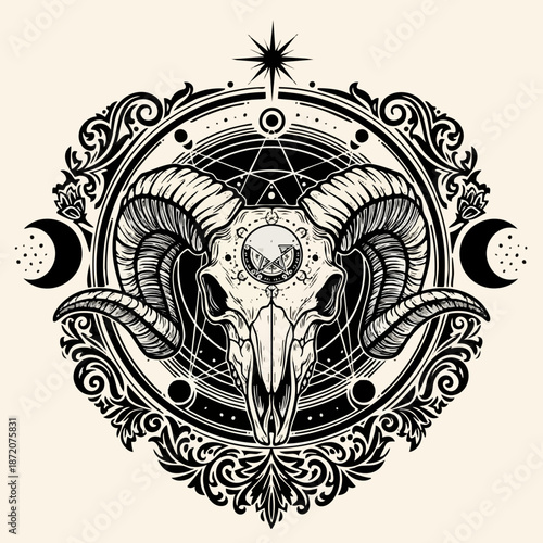 Intricate monochrome design featuring a detailed ram skull framed by elaborate baroque scrollwork and celestial symbols