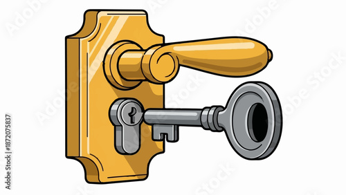 A golden door handle with a silver key inserted into the lock