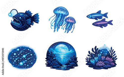 Glowing underwater scene with deep sea creatures and marine life