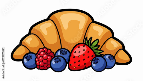 A golden croissant served with fresh berries like strawberries, raspberries, and blueberries