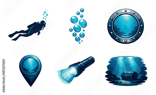 Underwater exploration icons: diver, bubbles, porthole, map, flashlight, treasure chest