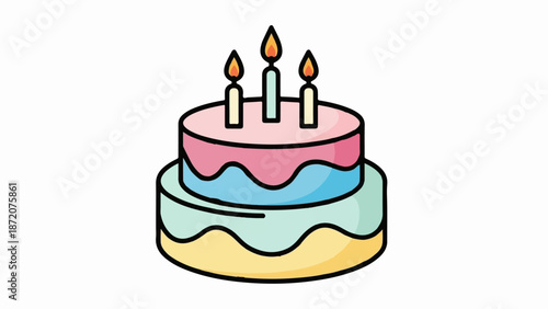 A colorful, three-tiered cake with three lit candles on top, ready for celebration