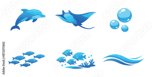 Glowing ocean life: dolphin, stingray, fish, and waves in blue neon glow