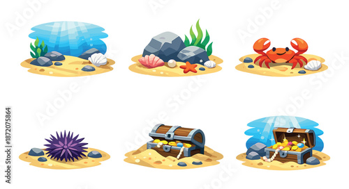 Underwater treasures: sea creatures, coral reefs, and hidden treasure chests