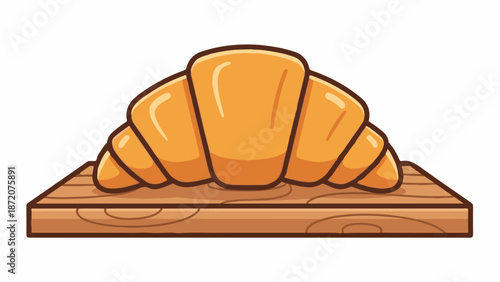 A golden, flaky croissant rests on a rustic wooden cutting board, inviting a delicious bite