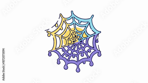 A colorful, stylized spider web illustration with dripping elements