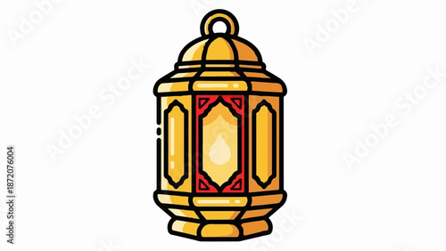 A golden, ornate, traditional lantern with a curved handle and decorative panels