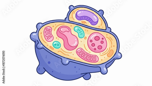 A colorful, stylized cross-section of a cartoon cell, revealing its internal organelles