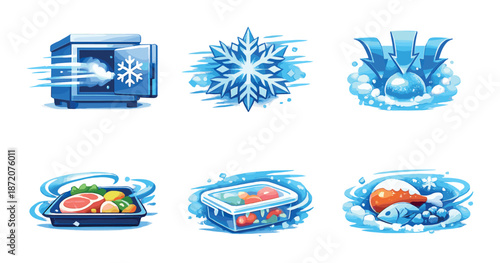 Digital icons of frozen foods and winter elements with blue glowing effect