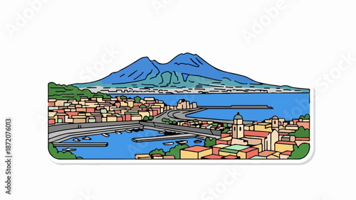 A colorful, stylized depiction of a coastal city with a prominent mountain in the background