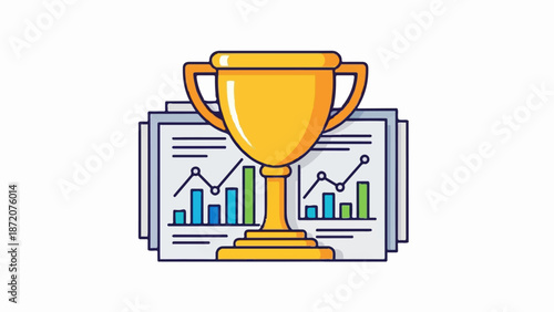 A golden trophy sits atop financial reports with bar graphs