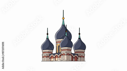 A colorful cartoon illustration of a complex religious building with onion domes