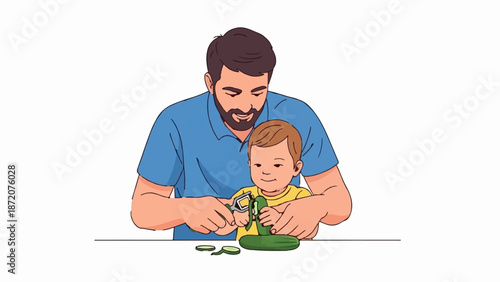 A father and child prepare a cucumber together, learning domestic skills