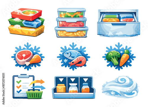 Colorful food storage icons and grocery elements with frosty effects