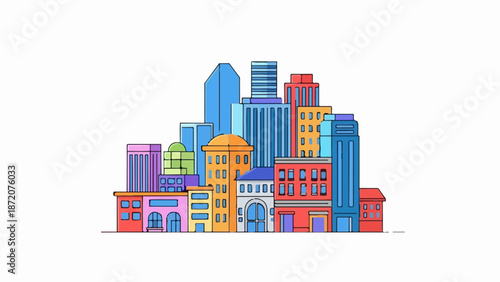 A colorful, stylized cityscape with diverse buildings and varying heights