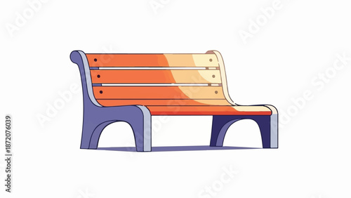 A colorful cartoon illustration of a park bench with orange wooden slats and purple-grey legs, casting a subtle shadow