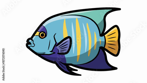 A colorful cartoon illustration of a blue and yellow striped angelfish with purple fins and accents