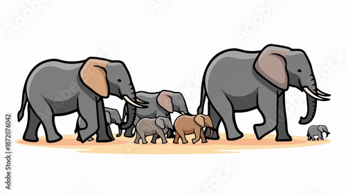 A family of elephants, both large and small, walks across a sandy plain