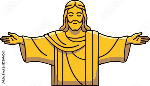 A golden stylized figure with arms outstretched, eyes closed, and beard