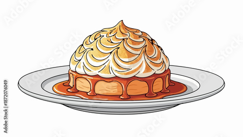 A golden-brown dessert with meringue topping and caramel sauce on a white plate