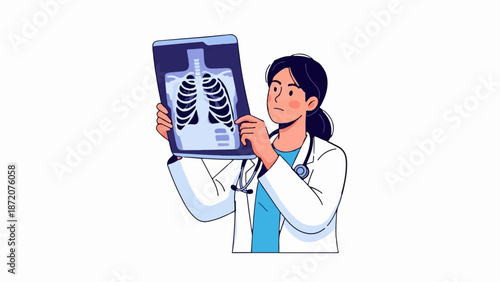 A female doctor with dark hair wears a white lab coat and stethoscope, examining a chest X-ray