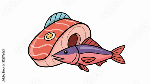 A colorful cartoon illustration features a pink fish with purple accents swimming near a thick slice of pink salmon