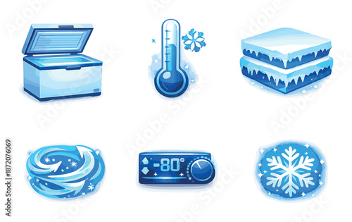 Ice cube icons: blue freezer, thermometer, snowflake, temperature gauge, frost