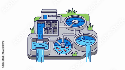A colorful cartoon illustration depicts a water treatment facility with various tanks and pipes