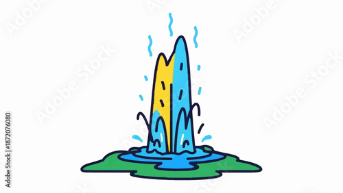 A colorful cartoon geyser erupts with water spray and steam against a white background