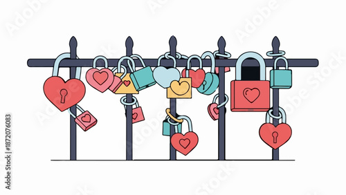A fence adorned with numerous heart-shaped and rectangular padlocks in various colors